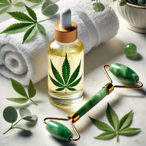Skincare setup with cannabis serum and jade roller