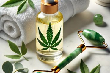 Skincare setup with cannabis serum and jade roller