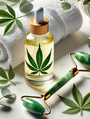 Skincare setup with cannabis serum and jade roller